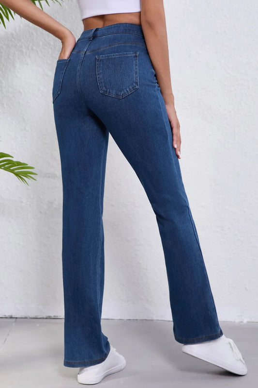 Women's high waist jeans with a straight-leg fit and moderate stretch.
