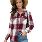 Burgundy plaid shirt styled casually 
