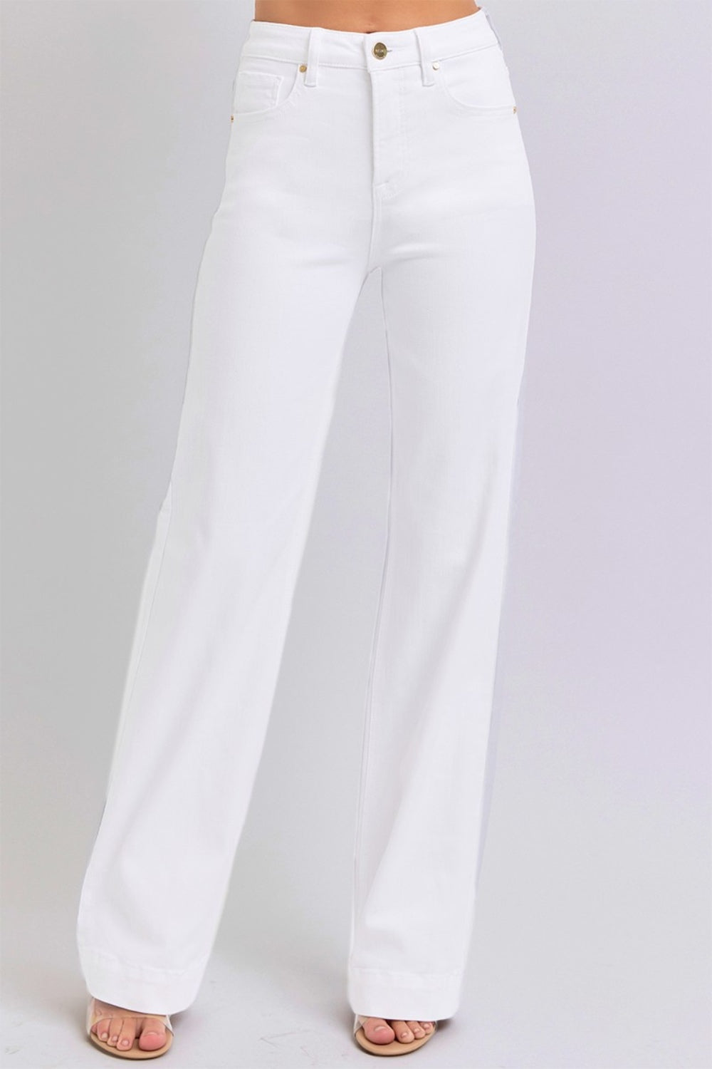 Women's white jeans with a high-rise waist and straight leg style by RISEN.