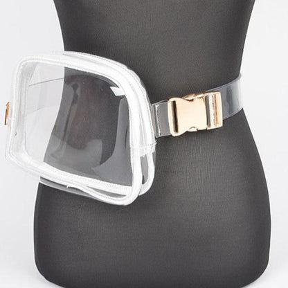 A front view of the clear convertible fanny pack and crossbody bag with a transparent body and sturdy zipper closure.