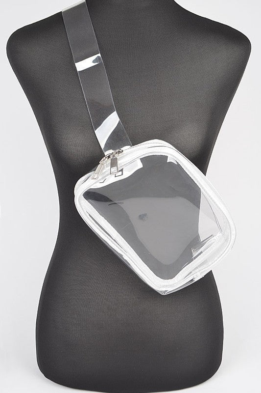 The clear convertible fanny pack and crossbody bag styled with a game day outfit, ready for the stadium.