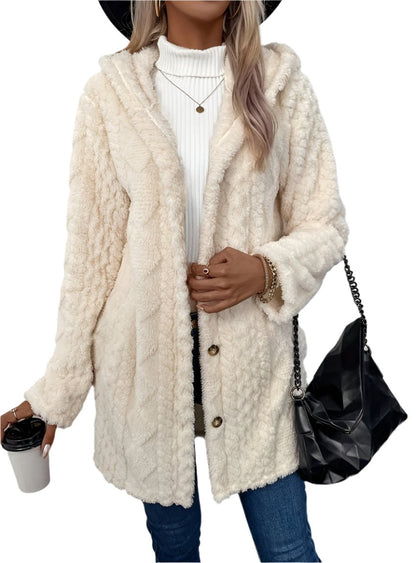 Cozy Hooded Button-Up Fleece Jacket in Cream