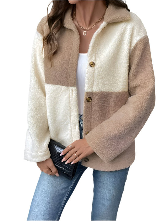 color block sherpa button-up jacket with neutral tones
