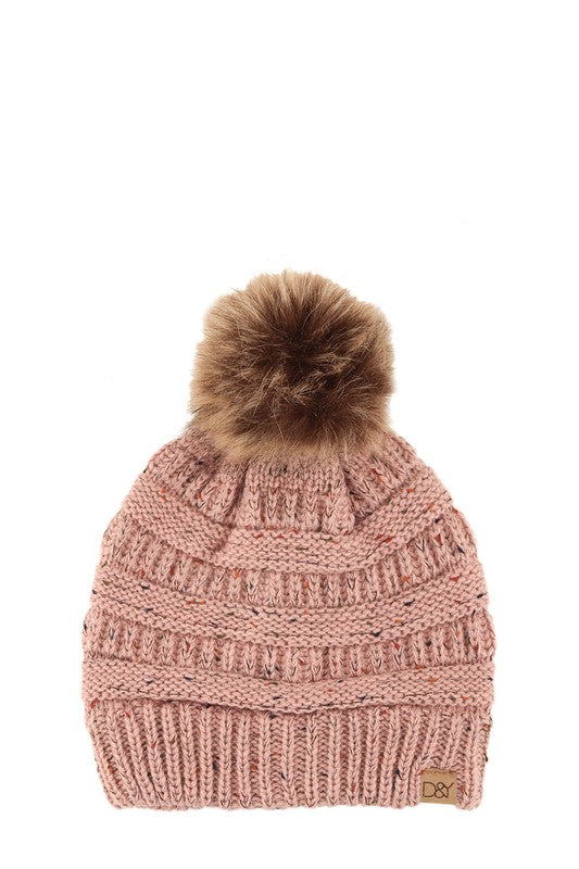 Blush colorful confetti slinky beanie with a faux fur pom-pom.
