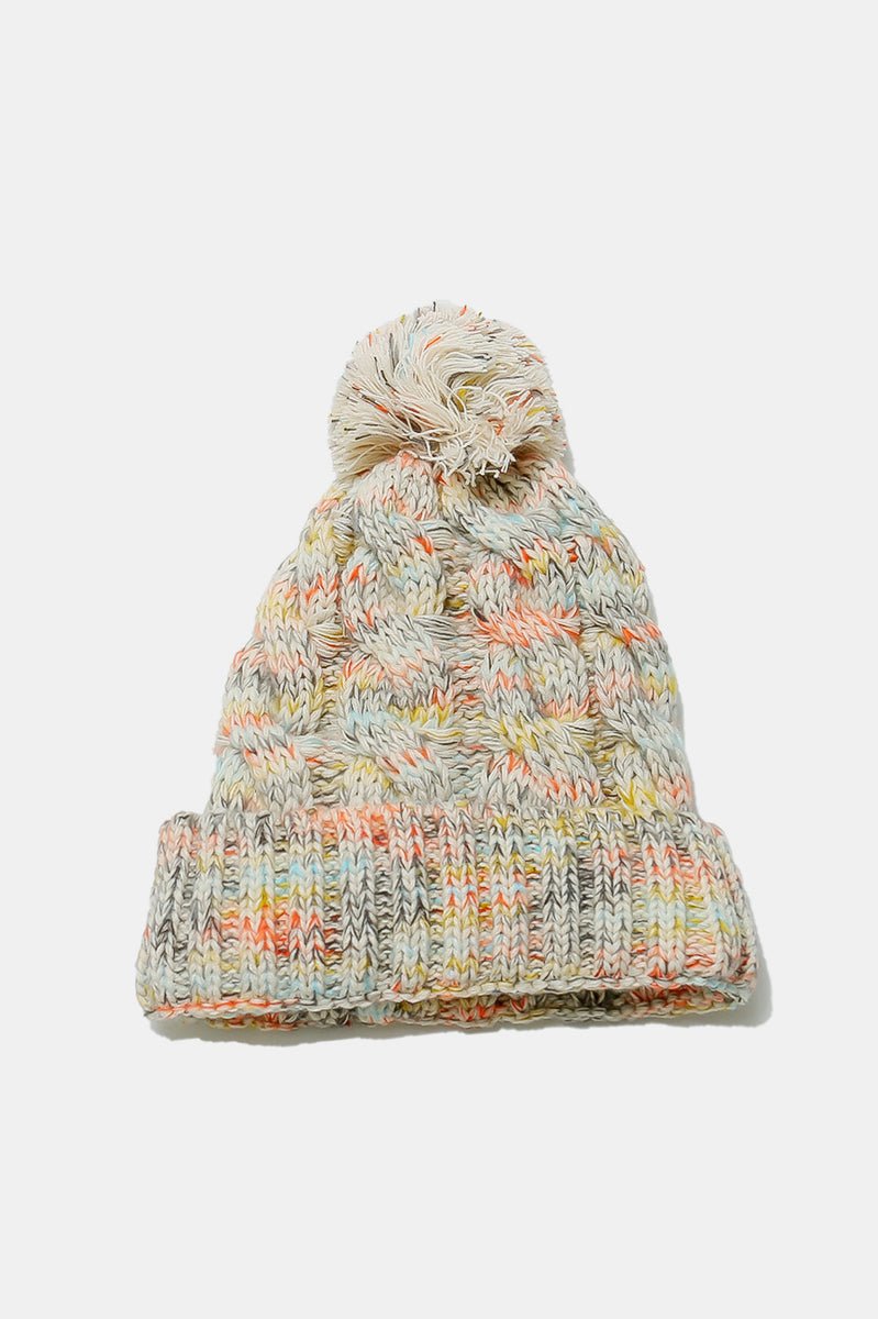 Beige knit pom-pom winter beanie with colorful multicolor thread details and soft material
