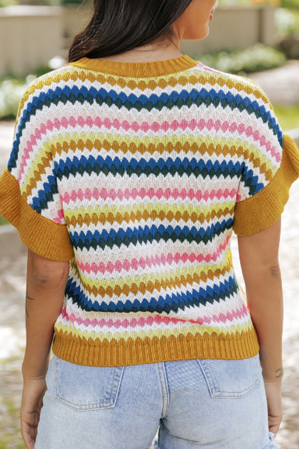 Colorful Short Sleeve Striped Knit Sweater - Boho Astetic