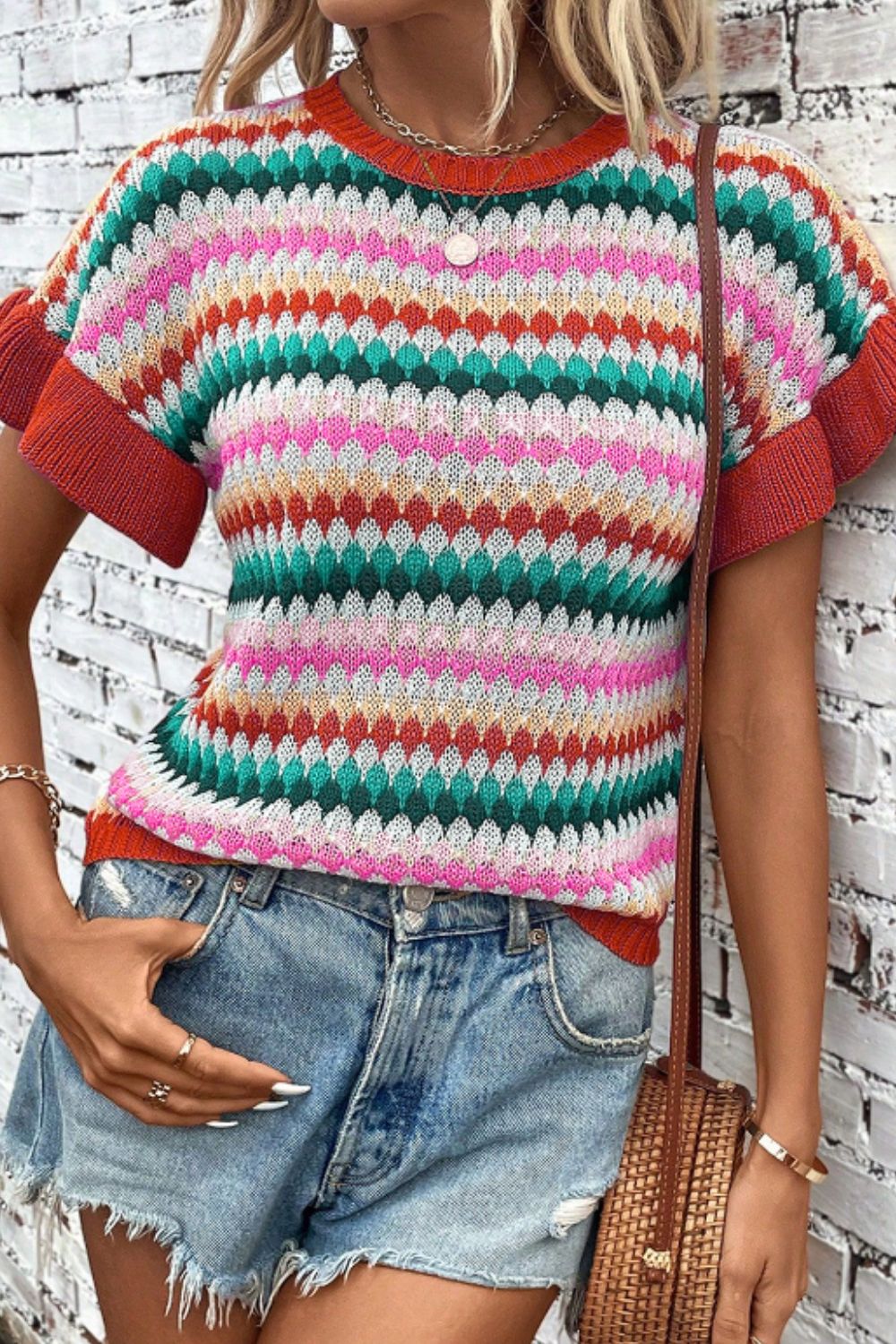 Colorful Short Sleeve Striped Knit Sweater - Boho Astetic