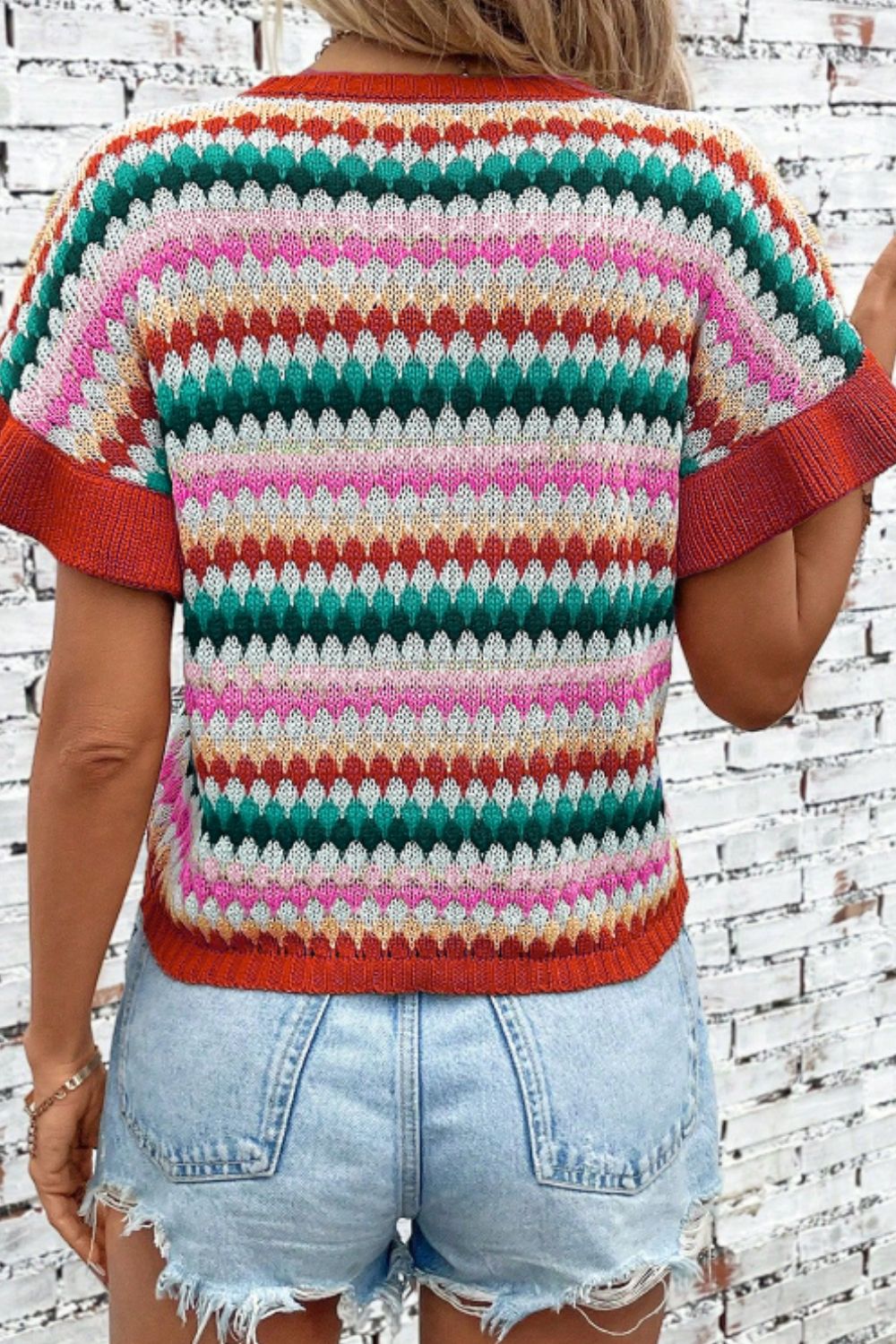 Colorful Short Sleeve Striped Knit Sweater - Boho Astetic