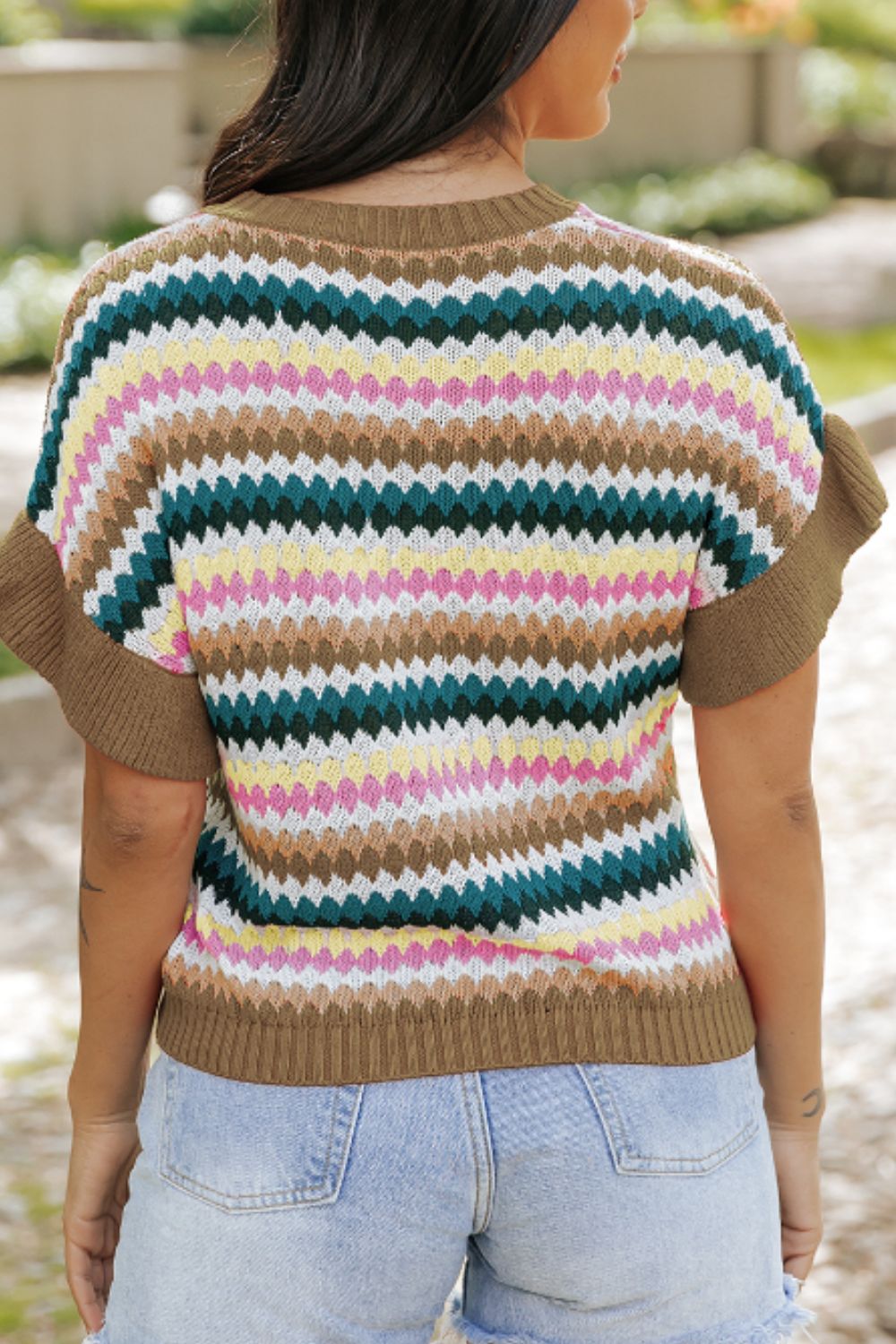 Colorful Short Sleeve Striped Knit Sweater - Boho Astetic