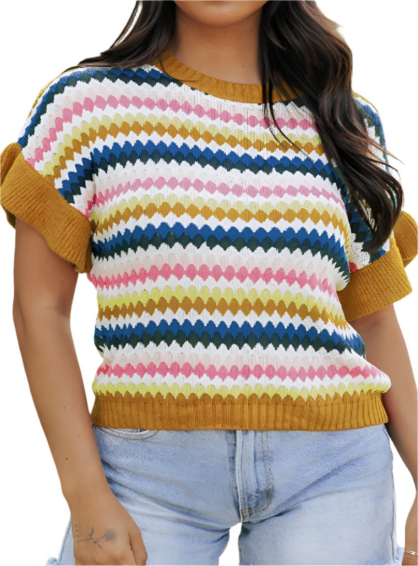 Colorful Short Sleeve Striped Knit Sweater - Boho Astetic