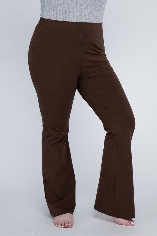 Comfortable brown flare pants made from stretchy fabric.
