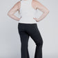 Full-length charcoal flare bottoms designed for a flattering fit.
