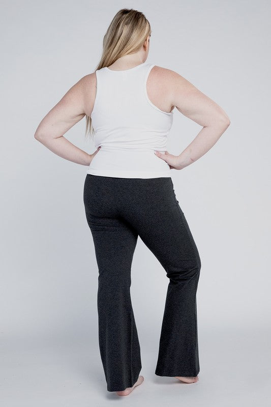 Full-length charcoal flare bottoms designed for a flattering fit.
