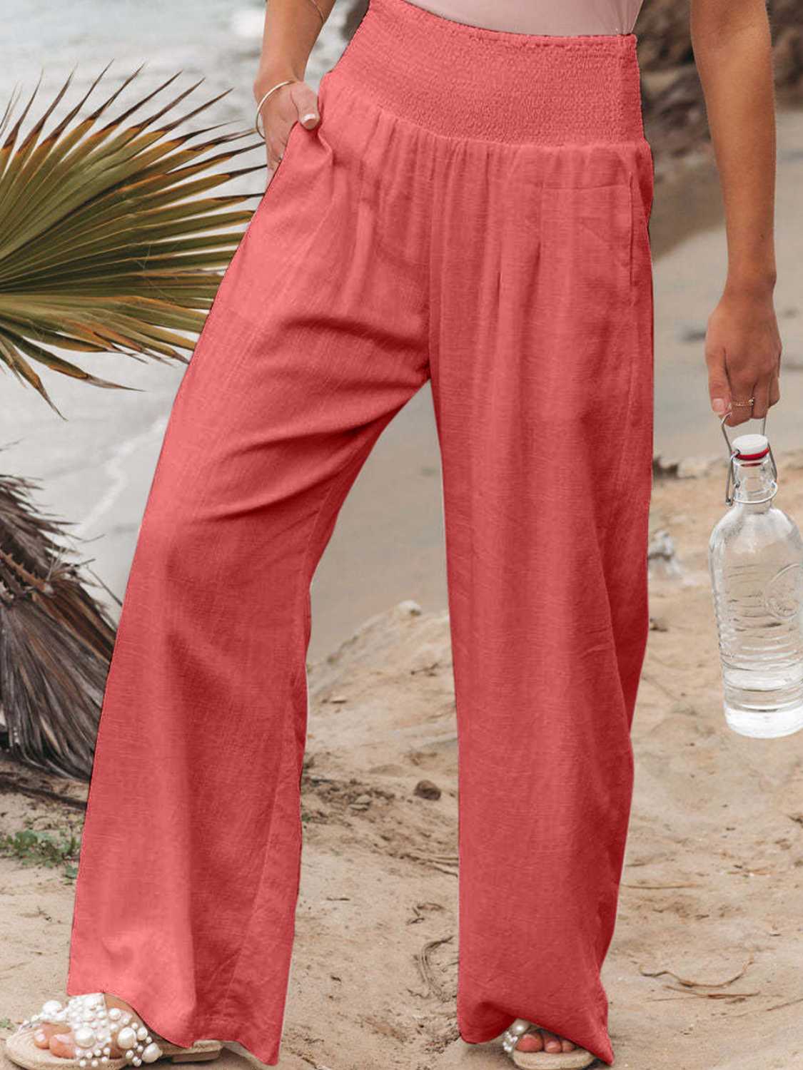 Casual coral smocked waist pants wide leg style
