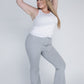 Comfortable gray flare pants made from stretchy fabric.
