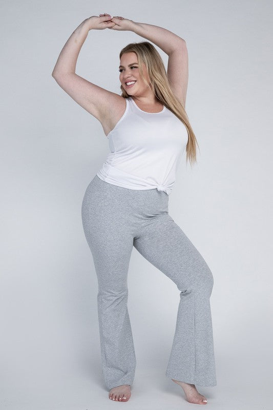 Comfortable gray flare pants made from stretchy fabric.
