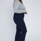 Comfortable navy flare pants made from stretchy fabric.
