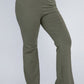 Comfortable olive flare pants made from stretchy fabric.
