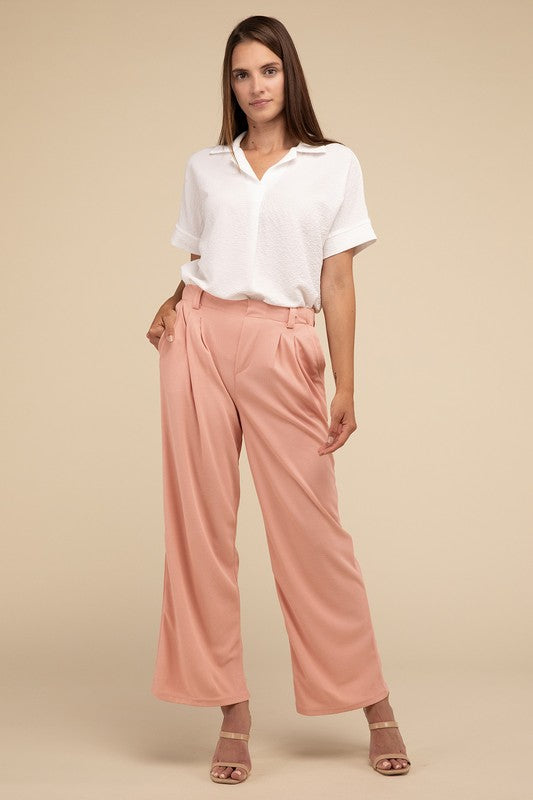 Comfortable pink waffle-knit pants with pockets
