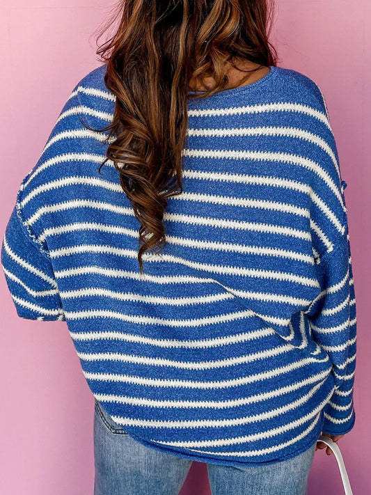 Soft knit blue and cream striped sweater styled for fall fashion