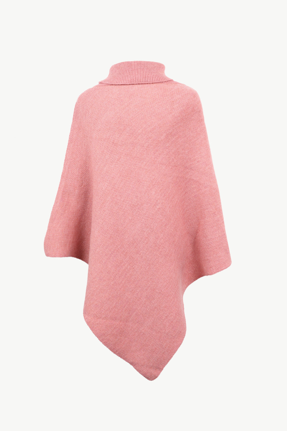 Women’s coral ribbed knit poncho with cozy turtleneck.
