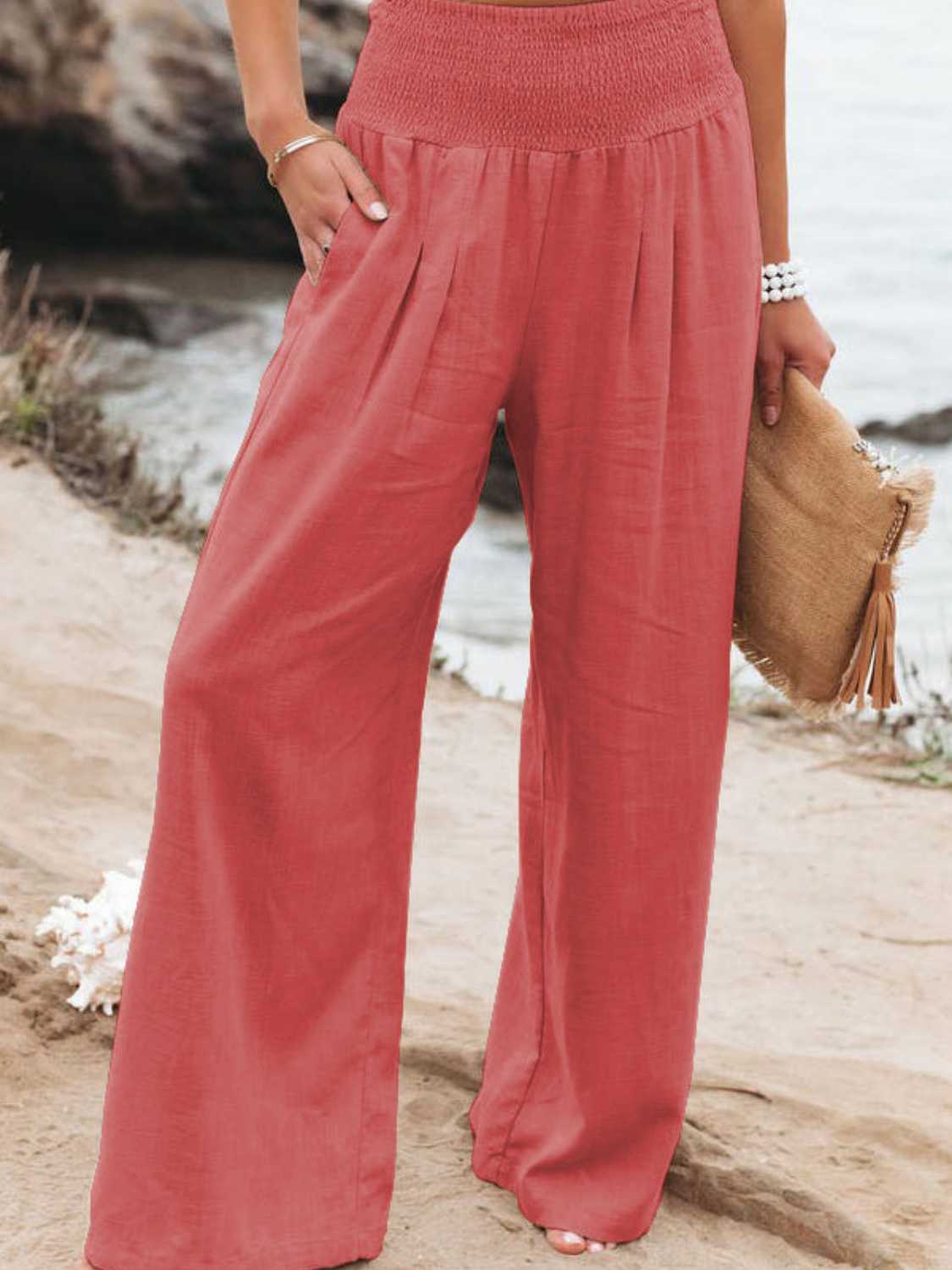 Casual coral smocked waist pants wide leg style
