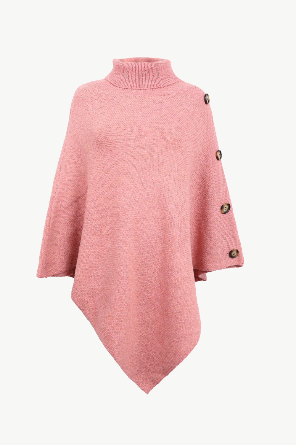 Front view of coral turtleneck buttoned poncho in ribbed knit.
