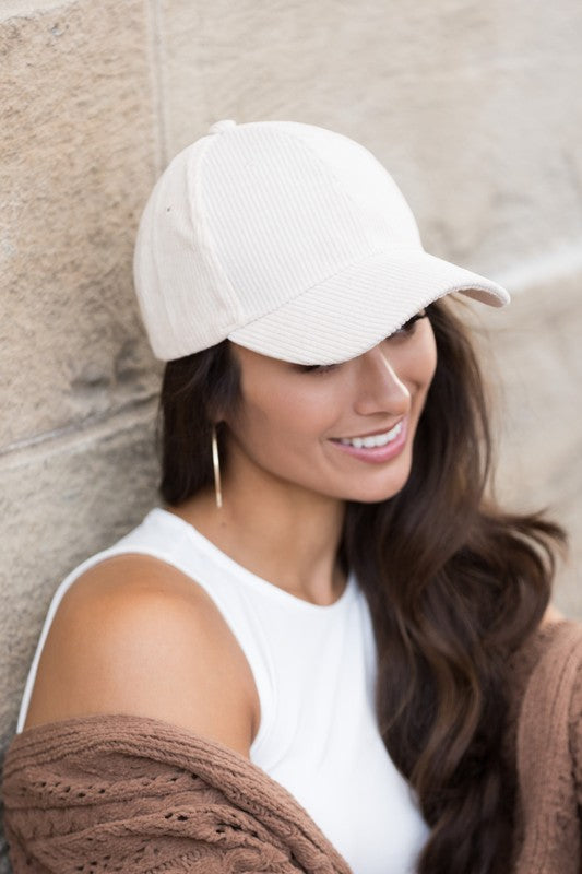 Beige corduroy boyfriend ball cap with trendy texture
