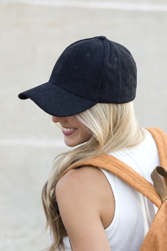 Black corduroy boyfriend ball cap with trendy texture
