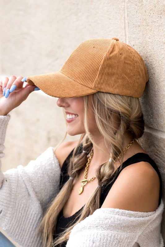 Camel corduroy boyfriend ball cap with trendy texture
