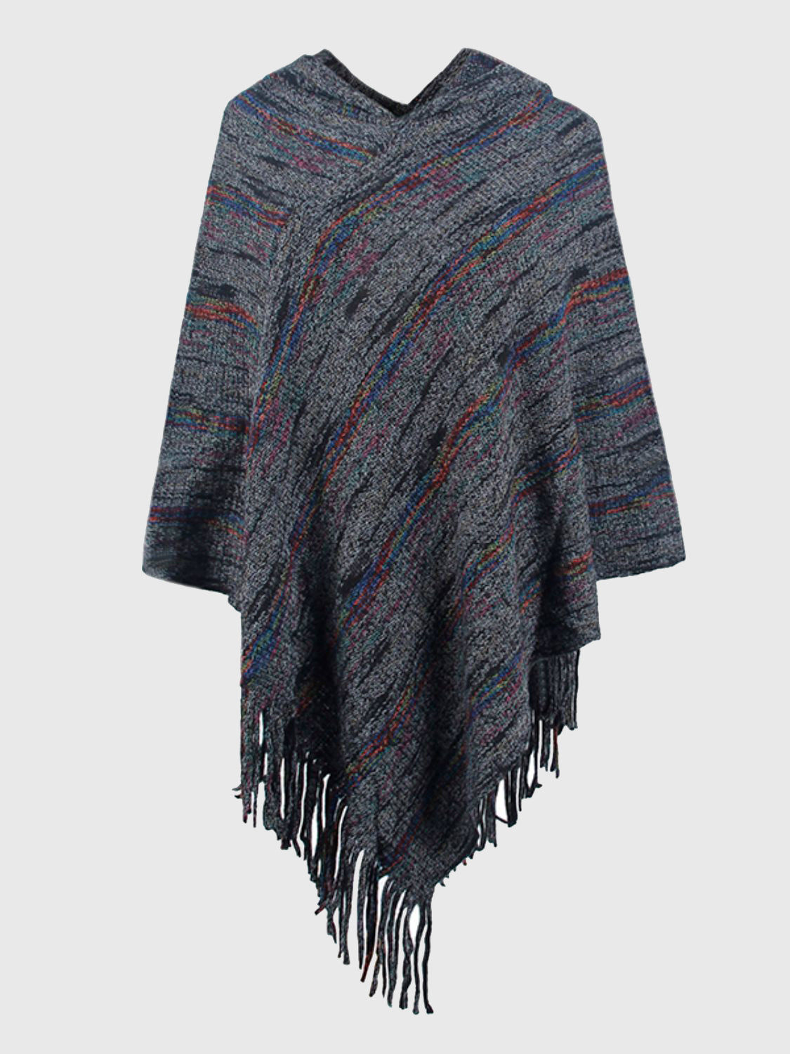 Black knit poncho with soft pastel colors
