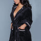 Cozy black robe featuring satin piping, perfect for lounging at home in comfort and style.
