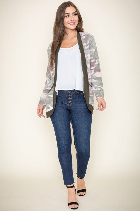 Olive camo open front cardigan with ribbed trim and soft fabric.