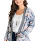 Pink camo open front cardigan featuring a relaxed fit and lightweight material.