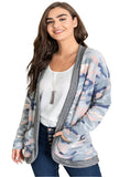 Pink camo open front cardigan featuring a relaxed fit and lightweight material.