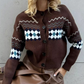 Brown argyle knit cardigan, perfect cozy sweater for winter
