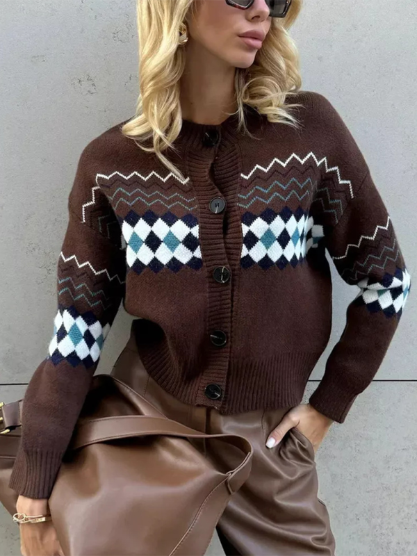 Brown argyle knit cardigan, perfect cozy sweater for winter
