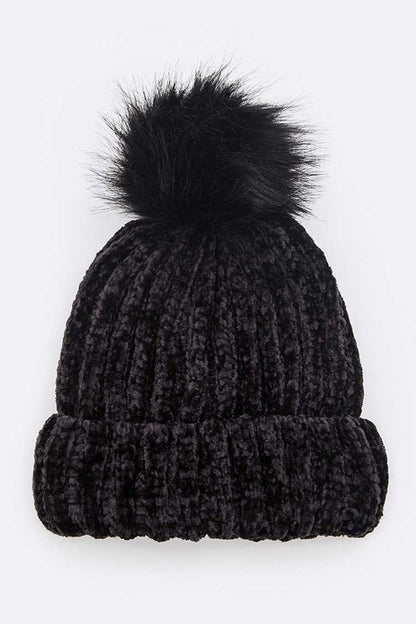 Cozy black chenille winter beanie with plush faux fur pom accent

