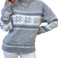 Cozy cloudy blue snowflake knit sweater with ribbed cuffs and hem for a warm, stylish look.

