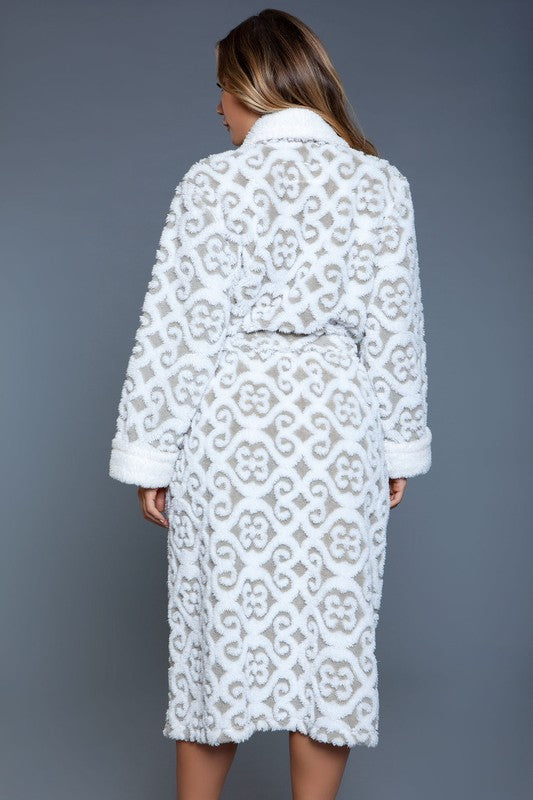 Full-length view of the Kimmie damask sherpa robe, ideal for lounging in comfort and style.
