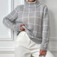 Classic gray plaid turtleneck sweater with ribbed details