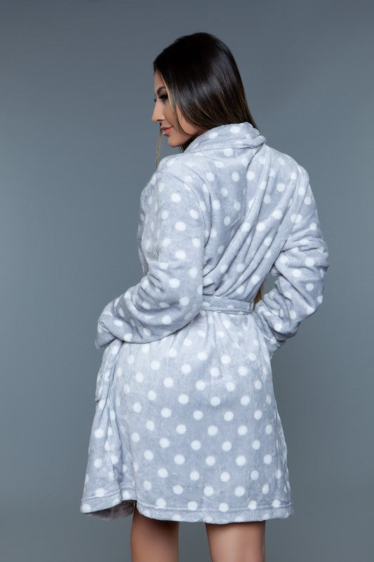 Gray polka dot plush robe with a comfortable fit, ideal for casual wear at home.
