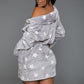 Cozy gray starry plush robe for women, featuring a front tie closure and long sleeves.
