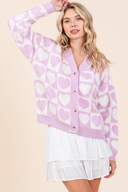 Cozy lilac cardigan with heart pattern, perfect for casual wear
