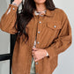 Feminine mocha corduroy shacket perfect for transitional seasons.
