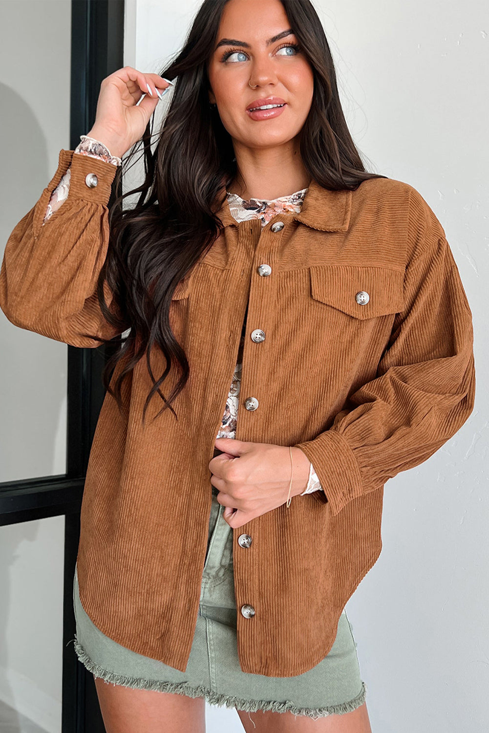 Feminine mocha corduroy shacket perfect for transitional seasons.
