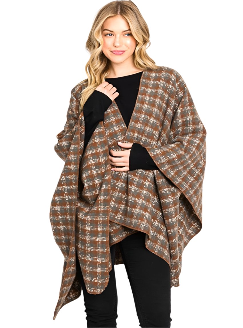 Soft brown plaid wrap shawl styled with jeans for fall layering.
