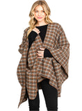 Soft brown plaid wrap shawl styled with jeans for fall layering.
