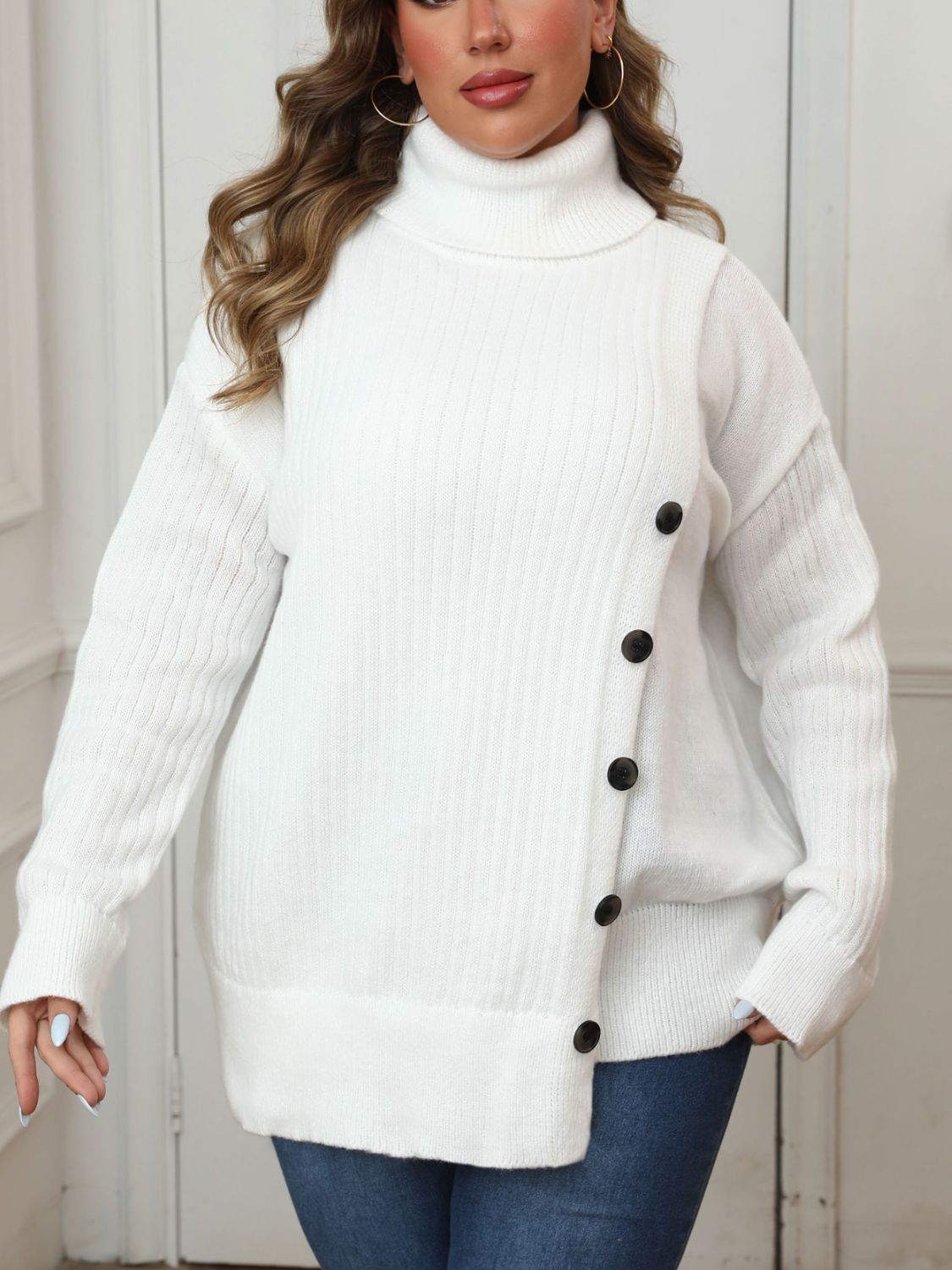 White button-detail turtleneck sweater styled for a cozy fall look