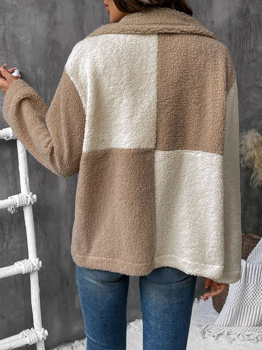 women’s soft sherpa jacket in color block pattern
